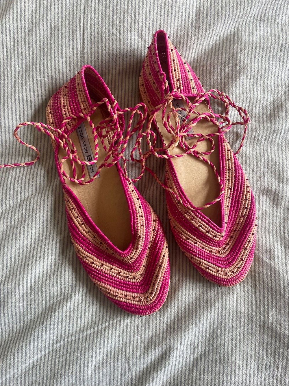 Bright Pink Woven Lace-Up Flats